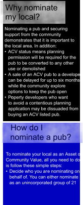 Nominating a pub and securing  support from the community  demonstrates that it is important to  the local area. In addition:  •  ACV status means planning  permission will be required for the  pub to be converted to any other  use or demolished  •  A sale of an ACV pub to a developer  can be delayed for up to six months  while the community explore  options to keep the pub open •  Pr operty developers who want  to avoid a contentious planning  application may be dissuaded from  buying an ACV listed pub. How do I  nominate a pub?  To nominate your local as an Asset of  Community Value, all you need to do  is follow these simple steps: •  Decide who you ar e nominating on  behalf of. You can either nominate  as an unincorporated group of 21  Why nominate  my local?